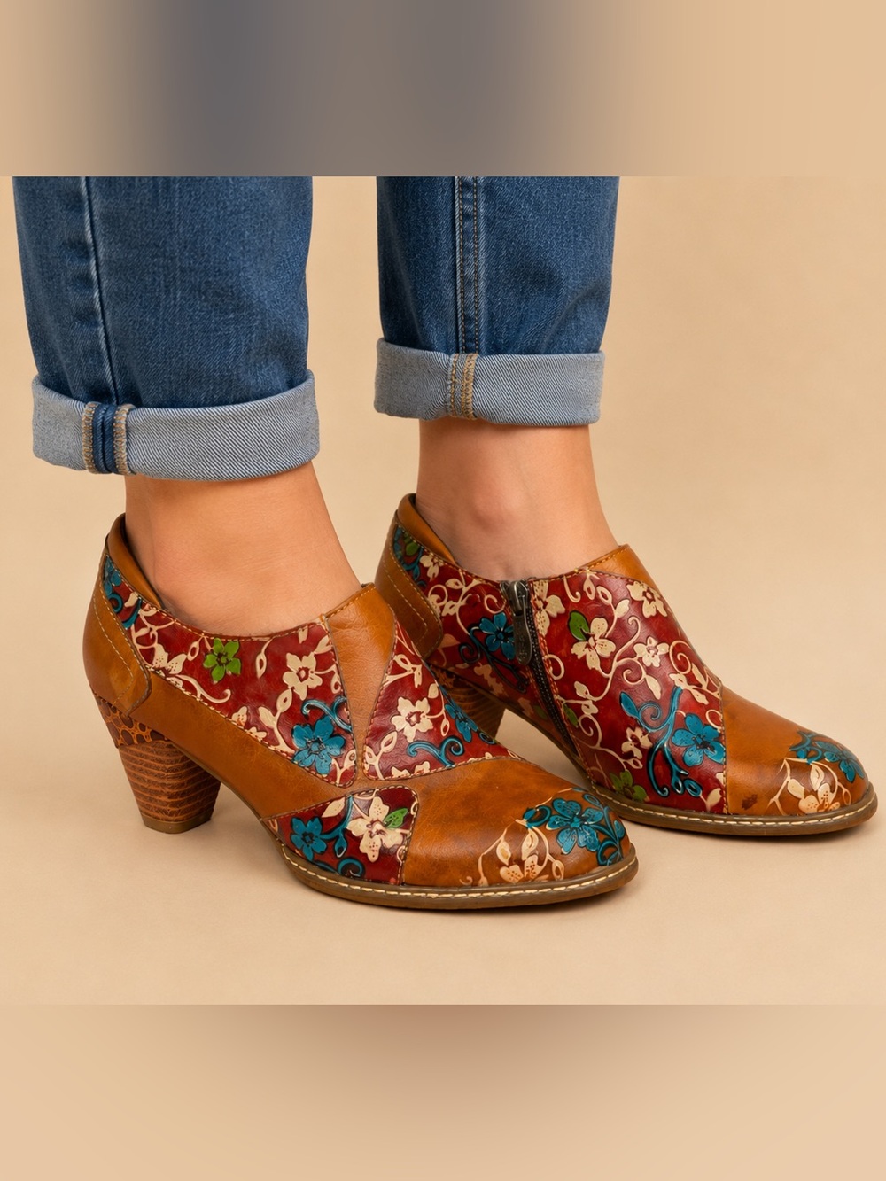 Ecofly Floral Leather Heeled Ankle Booties Women's 9.5B Boho Artsy Indie Folk